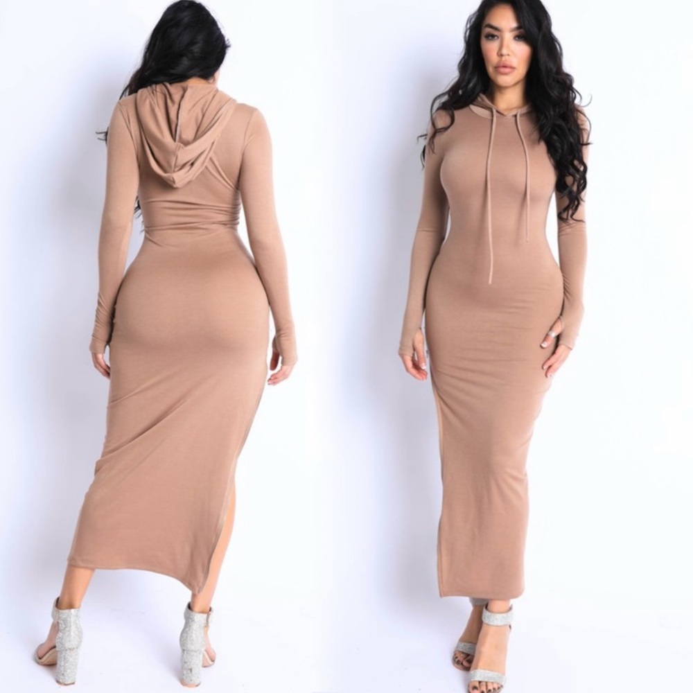 Stylish Tan Long Sleeve Maxi Hooded Dress With Side Slit Zipper